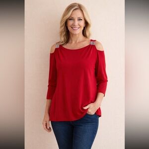Joseph Ribkoff Cold Shoulder Blouse Woman 16 Red Boat Neck Bling Slinky FLAW